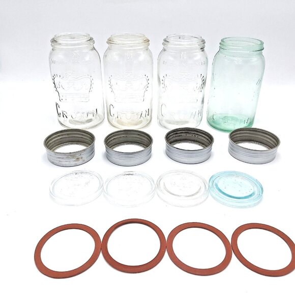 Crown Mason Jars- 4- Glass Lids-Zinc Rings-Vintage- 24 Ounces-1.5 Pints-Canada - Picture 12 of 15
